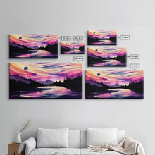 Load image into Gallery viewer, Beautiful lake at night canvas print, purple and pink sunset night sky, wall art canvas, lake front view, guest room, surreal Lakehouse Art