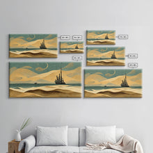 Load image into Gallery viewer, Art deco canvas print, pirate ship at sea beyond the sand dunes, living room wall art