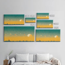 Load image into Gallery viewer, Art deco light house at sunset canvas print, sunset, vintage 20s style wall art, 30s style wall art, orange and turquoise sunset art