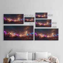 Load image into Gallery viewer, Destitute cyberpunk city with neon signs wall art, Bladerunner vibes art, synthwave style art, cool wall art
