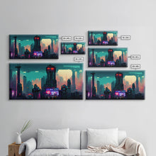 Load image into Gallery viewer, cyberpunk city pixel art canvas print, wall art, Bladerunner vibes art, synthwave style art, cool wall art