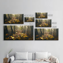 Carregar imagem no visualizador da galeria, Fall leaves floating down the river, autumn, landscape and nature canvas print, oil painting style, neutral wall art