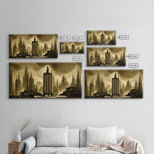 Load image into Gallery viewer, Dystopian Metropolis Art Deco Canvas Print, City Skyline, Fantasy Art, Art Deco Living Room Art, ready to hang wall art