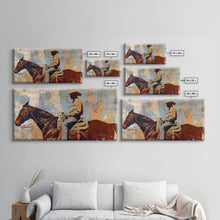 Load image into Gallery viewer, Cowboy on Horseback, Textured Background, Modern Living Room Art, Framed Canvas Print, Rustic Home Decoration, Boho Wall Art