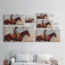 Load image into Gallery viewer, Cowboy on Horse with Rustic Background, Stunning Wall Art, Framed Canvas Print, Boho Bedroom Decor, Western Home Decoration