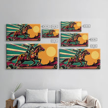Load image into Gallery viewer, Vintage Cowboy Riding Horse, Western Sunset Wall Art, Framed Canvas Print, Rustic Decor, Cowboy Art, Country Living Room