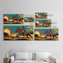 Load image into Gallery viewer, Cowboy Riding Through Desert, Southwestern Landscape Art, Framed Canvas Print, Boho Decor, Desert Art, Rustic Wall Art