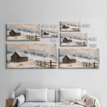 Load image into Gallery viewer, Snowy Barn in Winter Field, Framed Canvas Print, Rustic Wall Art, Living Room Decor, Farmhouse Style, Winter Landscape