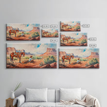 Load image into Gallery viewer, Cowboy Resting by Horse in Desert Scene, Rustic Farmhouse Art, Framed Canvas Print, Western Decor, Living Room Wall Art, Country Style