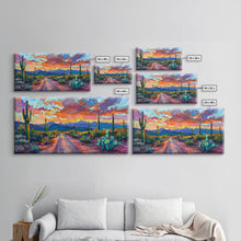 Carregar imagem no visualizador da galeria, Cacti and Mountains Under Sunset Sky, Vibrant Southwestern Landscape Art, Framed Canvas Print, Boho Living Room Decor, Desert Scene