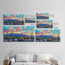 Load image into Gallery viewer, Expansive Desert Landscape at Sunset, Colorful Southwestern Art, Framed Canvas Print, Boho Living Room Wall Decor, Desert Scene