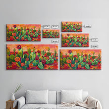 Load image into Gallery viewer, Bright Desert Flowers and Cacti with Mountains, Vibrant Framed Canvas Print for Home, Boho Wall Art, Nature Lover's Decor