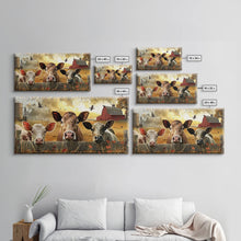 Carregar imagem no visualizador da galeria, Cute cows peeking through barn fence, Framed Canvas Print, ideal for farmhouse living room, country style wall art decor