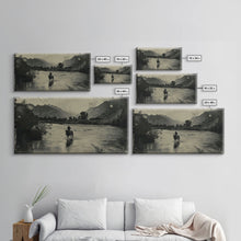 Load image into Gallery viewer, Cowboy Crossing River with Mountains, Framed Canvas Print for Western Living Room Decor, Ideal Bedroom Wall Art, Rustic Scene