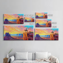 Load image into Gallery viewer, Cowboy with Horse on Cliff Edge, Farmhouse Style Framed Canvas Print for Living Room Wall Art, Vibrant Home Decor, Western Scenic Art