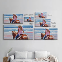 Load image into Gallery viewer, Cowgirl Riding Horse by the Ocean, Tranquil Framed Canvas Print, Perfect for Coastal Living Room Art, Beach Bedroom Decor, Horse Wall Art