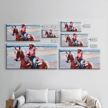 Load image into Gallery viewer, Cowgirl on Horse at the Beach, Stunning Framed Canvas Print, Ideal for Coastal Living Room Art, Beach Bedroom Decor, Equestrian Wall Art