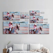 Load image into Gallery viewer, Cowgirl in Pink Shirt Riding Horse by the Sea, Beautiful Framed Canvas Print, Coastal Living Room Art, Beach Bedroom Decor, Horse Art