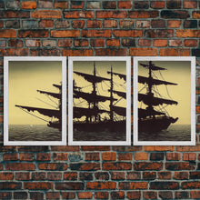 Load image into Gallery viewer, Haunted ghost pirate ship aloft in the sea, 3 piece canvas, 3 piece wall art, living room above sofa art