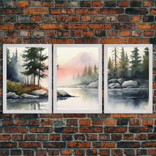 Carregar imagem no visualizador da galeria, Framed Canvas Wall Art Set of 3 Pastel Mountain Range Lake Nature Landscape Prints Minimalist Modern Art Woodland Nursery Decor Office Art