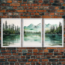 Carregar imagem no visualizador da galeria, 3 Panel Framed Canvas Print Wall Art Set of 3 Emerald Green Mountain Forest Lake Landscape Minimalist Modern Art Nature Wall Decor Pine Tree