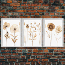 Load image into Gallery viewer, Boho Style Minimalist Farmhouse 3 Piece Wall Art, White Background Wildflowers, Botanical Floral Art, Rustic Chic Decor
