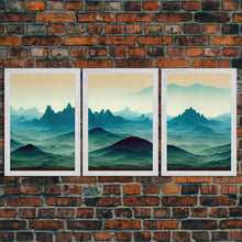 Load image into Gallery viewer, Emerald green rolling hills, fantasy mountains, 3 piece wall art, 3 piece canvas print, cool home wall decor