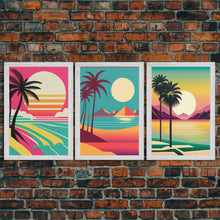 Load image into Gallery viewer, Beautiful Turquoise Retro Style Beach Art, Triptych 3 Panel Framed Canvas Prints, Palm Trees and Sunset, 80s Vibes Vaporwave Art Deco Mashup