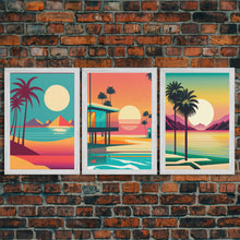 Load image into Gallery viewer, Beautiful Turquoise Retro Style Beach Art, Triptych 3 Panel Framed Canvas Prints, Palm Trees and Sunset, 80s Vibes Vaporwave Art Deco Mashup