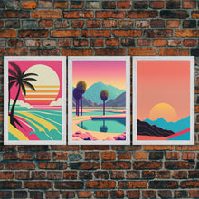 Load image into Gallery viewer, Beach Vibes - Midcentury / Art Deco / 80 Vibes Mash up - Framed Canvas Prints - Turquoise Sky and Palme Trees - 3 Panel Art, Triptych Prints