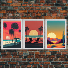 Load image into Gallery viewer, Beach Vibes - Midcentury / Art Deco / 80 Vibes Mash up - Framed Canvas Prints - Turquoise Sky and Palme Trees - 3 Panel Art, Triptych Prints