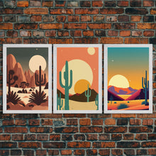 Load image into Gallery viewer, Arizona Desert Landscape, Framed Canvas Print Set, 3 Piece Wall Art, Brown Sepia Art, Mountains Wall Art, Office Wall Art