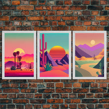 Carregar imagem no visualizador da galeria, 3 Piece Framed Canvas Wall Art, Synthwave / Vaporwave Sunset, Palme Trees and Cactus, Mid Century Modern Home Artwork Boho Decor for Bedroom