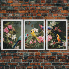 Cargar imagen en el visor de la galería, Flowers Wall Print, Tropical Wall Art, Macaw, Jungle Art Print, Canvas Print, Wall Art, 3 Piece Wall Art, Modern Office Art, Wedding Gift