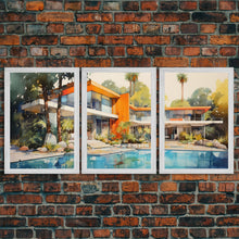Load image into Gallery viewer, Architecture Print, Mid-century House Art,  Canvas Print, Wall Art, 3 Piece Wall Art, Real Estate Gift, Family Room Art, Entryway Prints
