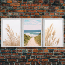 Load image into Gallery viewer, Beautiful Set of 3 Pampas Grass Beach Ocean Shore Photography Prints Minimalist Modern Art Neutral Coastal Room Decor Framed Canvas Wall Art