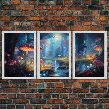 Load image into Gallery viewer, Magical dark forest art print on canvas, fantasy forest, oil style painting, large landscape wall art for home, ready to hang, 3 Piece Art