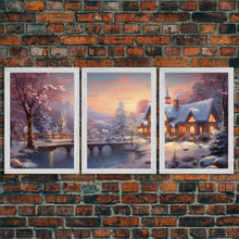 Carregar imagem no visualizador da galeria, 3 Piece Winter Scene, Framed Canvas Prints, Triptych Christmas Painting, Christmas Decor, Winter Art, Christmas Wall art, Xmas Art