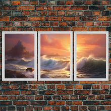 Carregar imagem no visualizador da galeria, 3 Piece Art Set, Seascape Painting Canvas Print, Beach House Decor, Sunset Painting, Original Painting, Boho Style Living Room Art