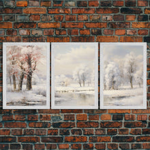 Carregar imagem no visualizador da galeria, 3 Piece Winter Scene, Framed Canvas Prints, Triptych Christmas Painting, Christmas Decor, Winter Art, Christmas Wall art, Xmas Art