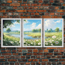 Load image into Gallery viewer, Beautiful Spring Meadow Landscape Painting 3 Piece Set, Spring Centerpiece Art, Original Oil Painting Wall Art, Minimalist Whimsical Decor