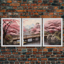 Cargar imagen en el visor de la galería, Cherry Blossom Wall Art, Japanese Print, Landscape Wall Art, Canvas Print, Wall Art, 3 Piece Wall Art, Farmhouse Wall Decor, Above Bed Art