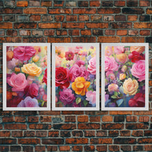 Load image into Gallery viewer, Beautiful Rose Art, Framed Canvas Print, Floral Art, Botanical Decor, Blue and Yellow Roses, 3 Piece Art Set