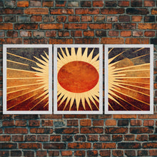 Carregar imagem no visualizador da galeria, Abstract Midcentury Modern Sunburst, Art Deco Style art, sun with rays, sun burst, boho style, 3 Piece Wall Art, Ready To Hang Canvas Print
