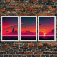 Load image into Gallery viewer, Cyber punk City At Sunset, Outrun, 3 Piece Wall Art, Ready To Hang Canvas Print, Cool Unique Mancave wall Art Decor