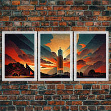Load image into Gallery viewer, Art Deco Brutalist Architecture, Dystopian, 3 Piece Wall Art, Ready To Hang Canvas Print, Beautiful Living Room Wall Art Decor