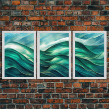 Load image into Gallery viewer, Emerald Green Wall Decor, Sea Green Ocean Waves Abstract, 3 Piece Canvas Decor, 3 Piece Wall Art, Ready To Hang Canvas Prints