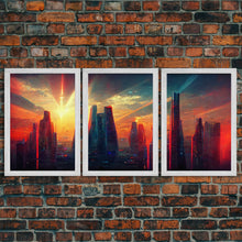 Load image into Gallery viewer, Cyberpunk City At Sunset, Futuristic, 3 Piece Wall Art, Ready To Hang Canvas Print, Cool Living Room Wall Art Decor