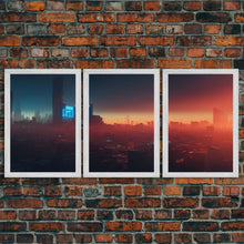 Load image into Gallery viewer, Cyberpunk Cityscape, Cyberpunk Concept Art at Sunset, Cool mancave art, 3 Piece Canvas Decor, 3 Piece Wall Art, Ready To Hang Canvas Prints