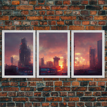Load image into Gallery viewer, Cyberpunk City, Night City Watercolor, Videogame Concept Art, Watercolor Of a Cyberpunk City 3 Piece Wall Art, Ready To Hang Canvas Print